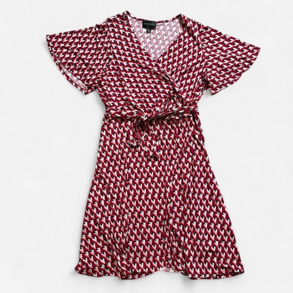 Donna‎ Morgan NWT faux wrap dress geometric print red white belt tie waist 22